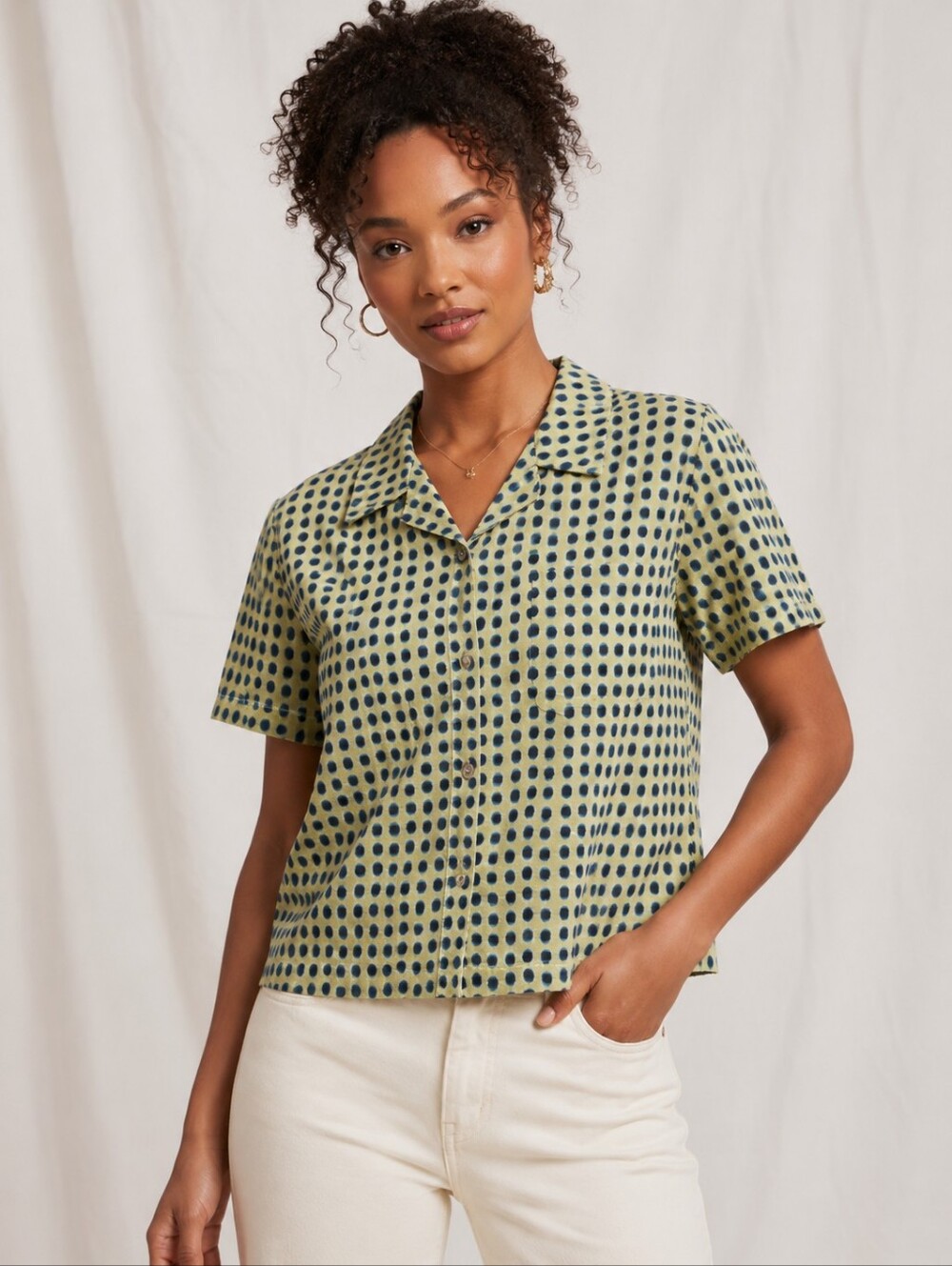 House Of AAMA/Target Collab Muted Yellow Short-Sleeve Button Front Dot Shirt NWT